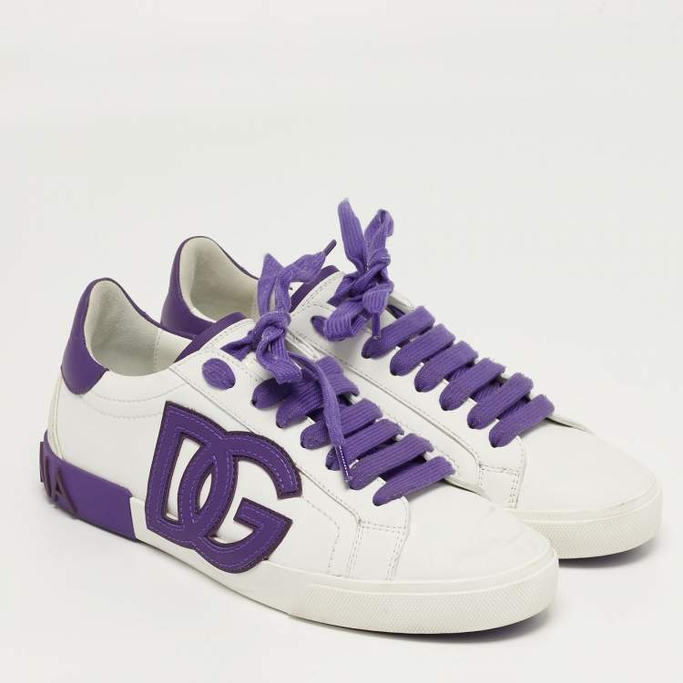Pre Owned Dolce & Gabbana Portofino Size 38 White/Purple Leather Lace Up Sneakers