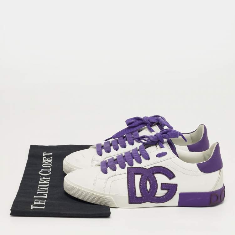 Pre Owned Dolce & Gabbana Portofino Size 38 White/Purple Leather Lace Up Sneakers