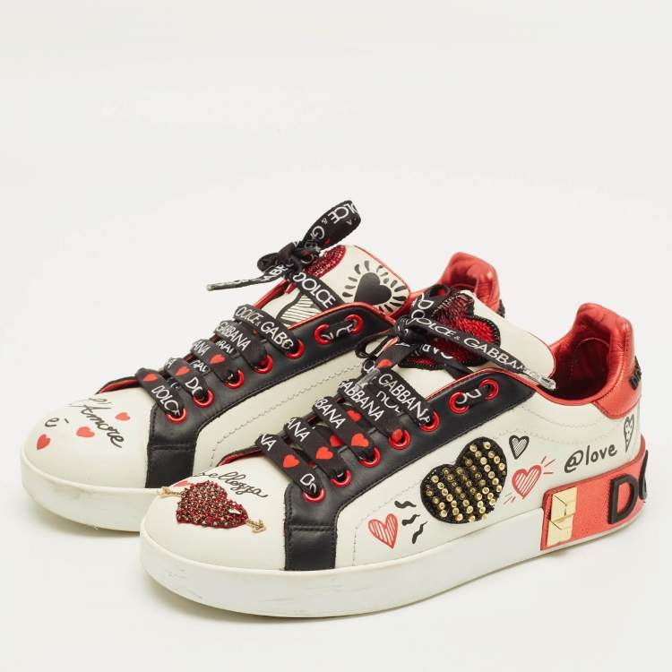Pre Owned Dolce & Gabbana Portofino Size 38 White/Black Leather Lace Up Sneakers