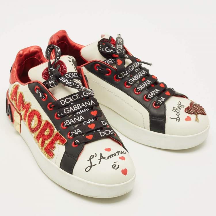 Pre Owned Dolce & Gabbana Portofino Size 38 White/Black Leather Lace Up Sneakers