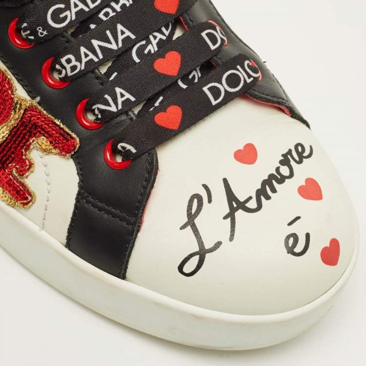 Pre Owned Dolce & Gabbana Portofino Size 38 White/Black Leather Lace Up Sneakers