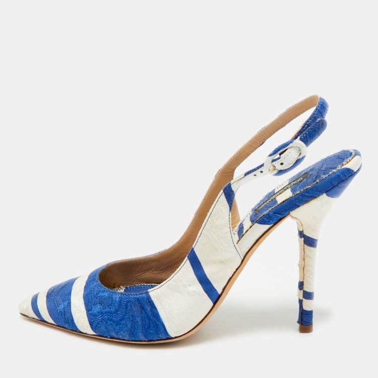 Pre Owned Dolce & Gabbana Size 40 Blue/White Brocade Fabric Slingback Pumps