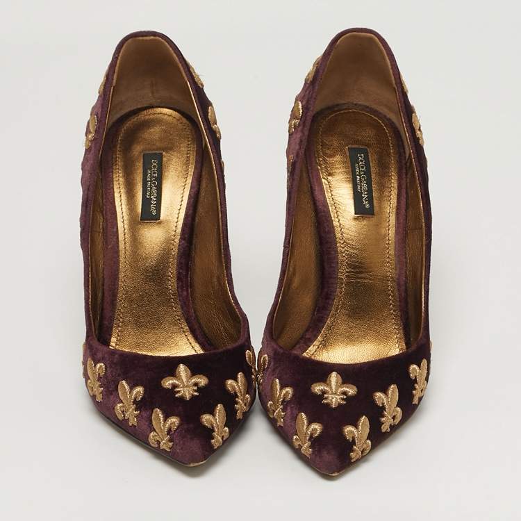 Pre Owned Dolce & Gabbana Lily Size 40 Burgundy Velvet Embroidered Pointed Toe Pumps