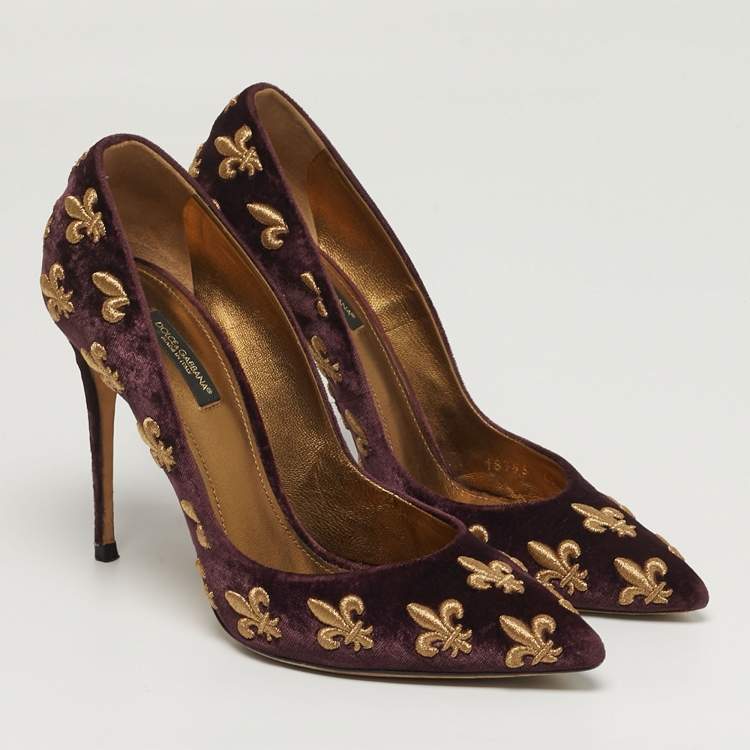 Pre Owned Dolce & Gabbana Lily Size 40 Burgundy Velvet Embroidered Pointed Toe Pumps