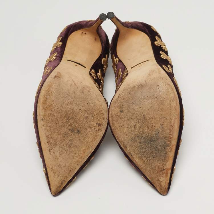 Pre Owned Dolce & Gabbana Lily Size 40 Burgundy Velvet Embroidered Pointed Toe Pumps