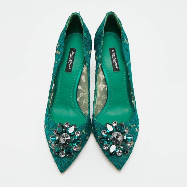 Pre Owned Dolce & Gabbana Bellucci Size 38 Green  Lace and Mesh Pumps
