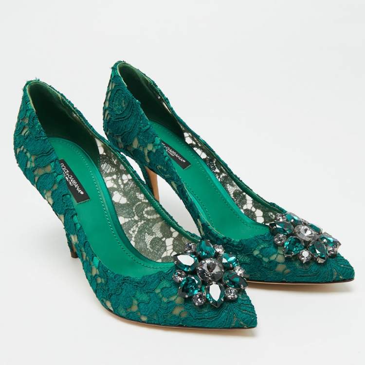 Pre Owned Dolce & Gabbana Bellucci Size 38 Green  Lace and Mesh Pumps