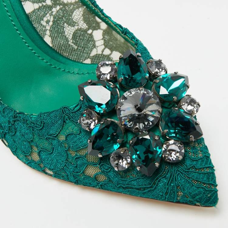 Pre Owned Dolce & Gabbana Bellucci Size 38 Green  Lace and Mesh Pumps