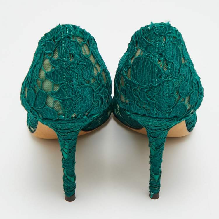 Pre Owned Dolce & Gabbana Bellucci Size 38 Green  Lace and Mesh Pumps