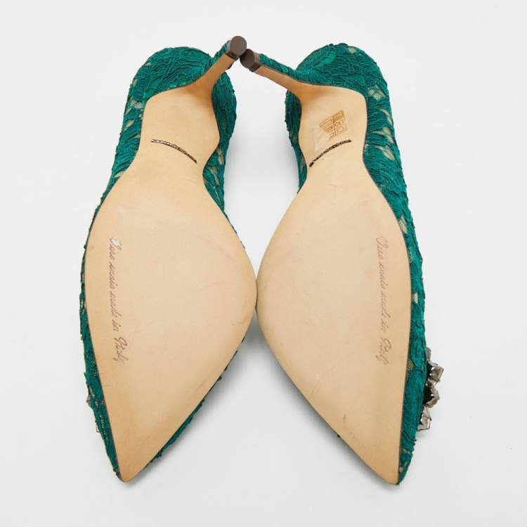 Pre Owned Dolce & Gabbana Bellucci Size 38 Green  Lace and Mesh Pumps