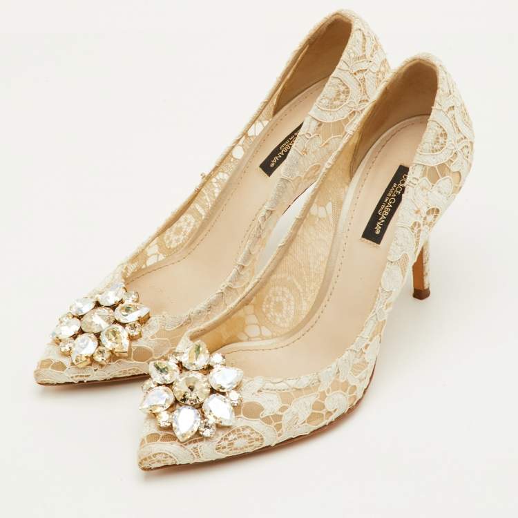 Pre Owned Dolce & Gabbana Bellucci Size 37 Off White Lace Crystal Embellished Pointed Toe Pumps