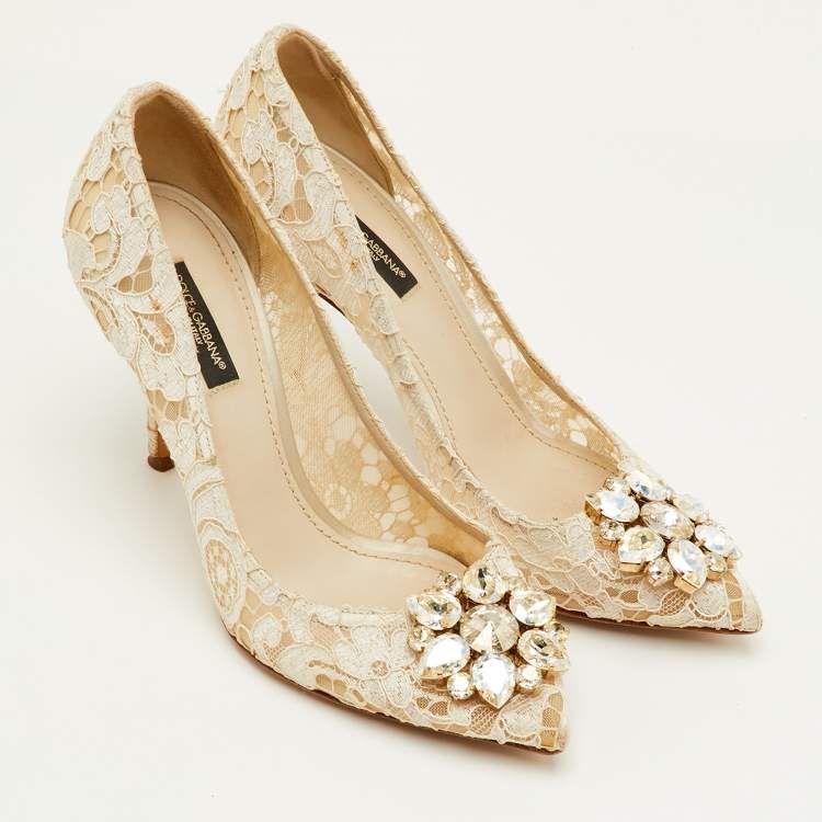 Pre Owned Dolce & Gabbana Bellucci Size 37 Off White Lace Crystal Embellished Pointed Toe Pumps