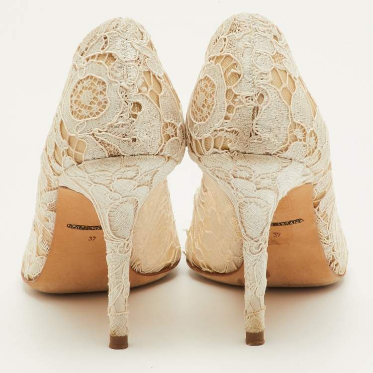 Pre Owned Dolce & Gabbana Bellucci Size 37 Off White Lace Crystal Embellished Pointed Toe Pumps