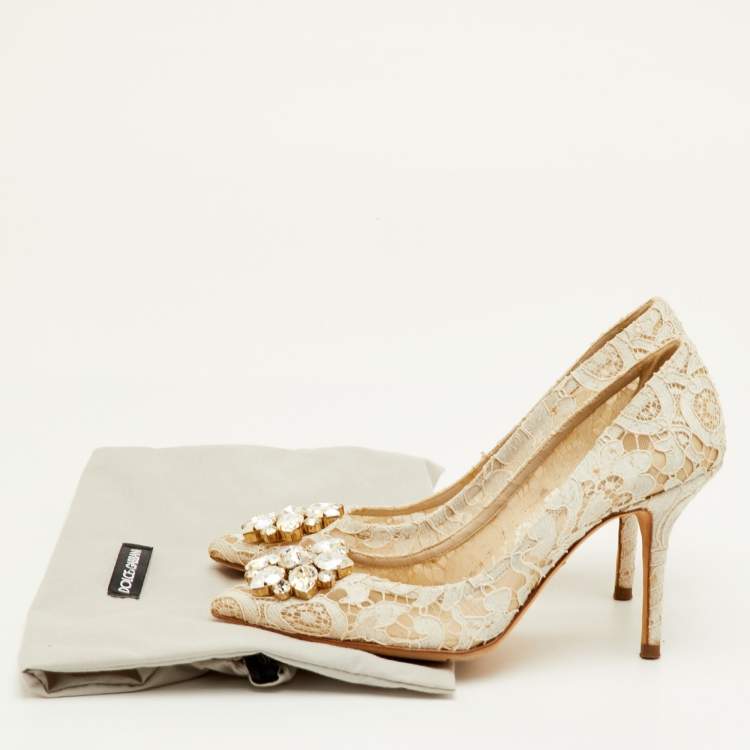 Pre Owned Dolce & Gabbana Bellucci Size 37 Off White Lace Crystal Embellished Pointed Toe Pumps