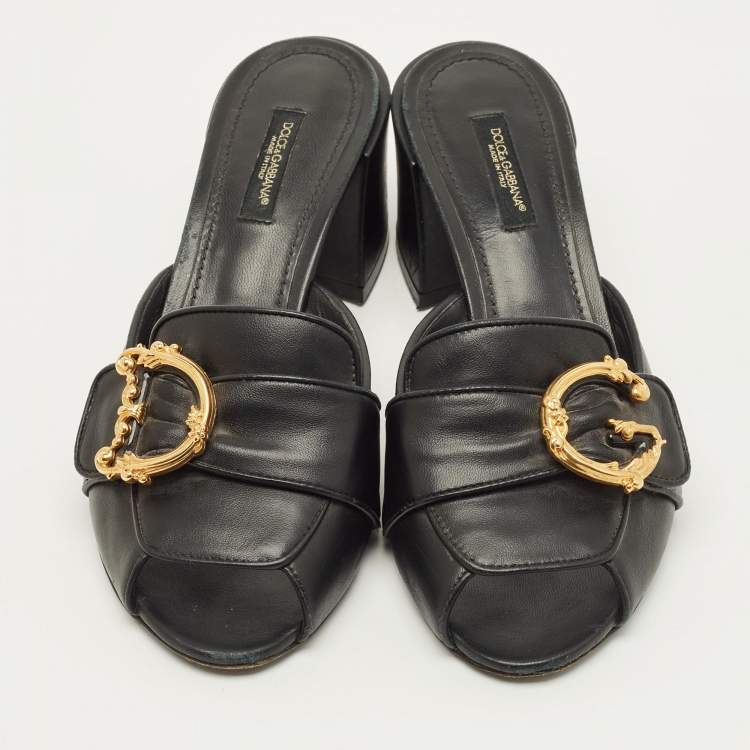Pre Owned Dolce & Gabbana Baroque Size 37 Black Leather Slide Sandals