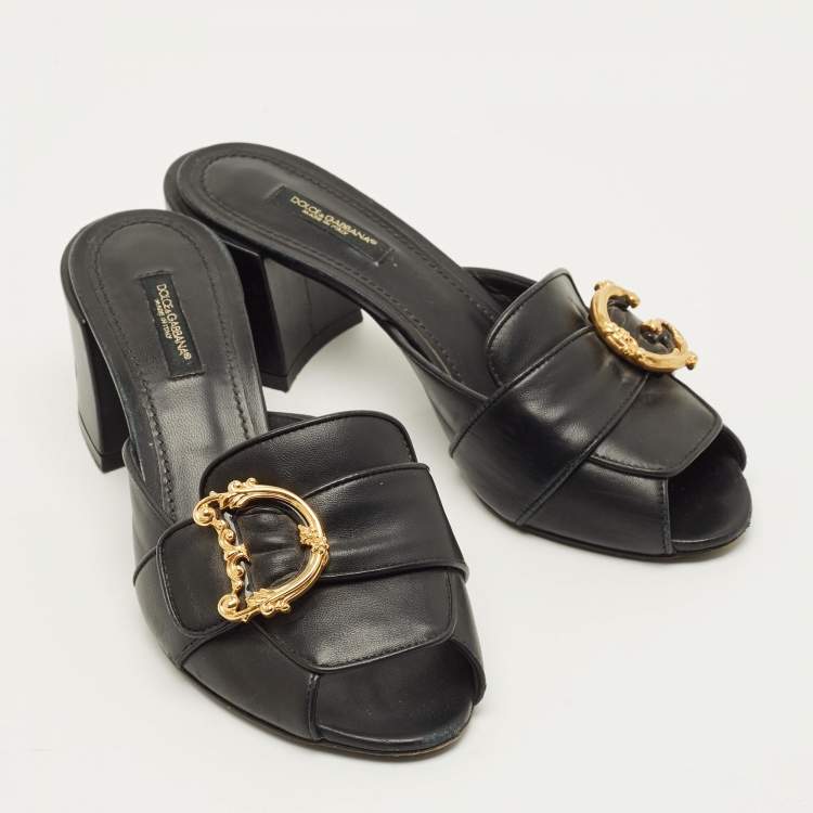 Pre Owned Dolce & Gabbana Baroque Size 37 Black Leather Slide Sandals