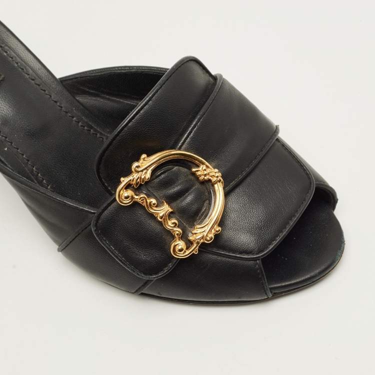 Pre Owned Dolce & Gabbana Baroque Size 37 Black Leather Slide Sandals