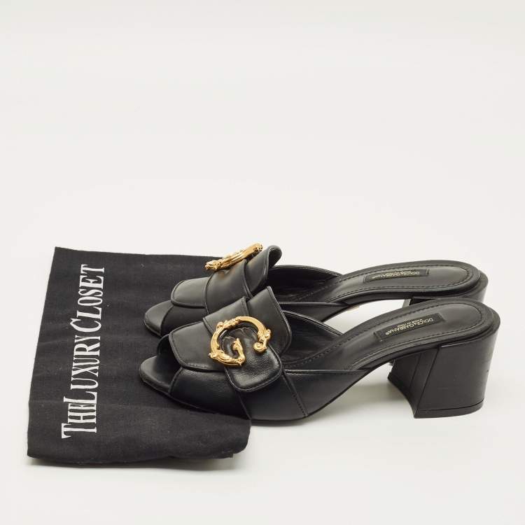 Pre Owned Dolce & Gabbana Baroque Size 37 Black Leather Slide Sandals