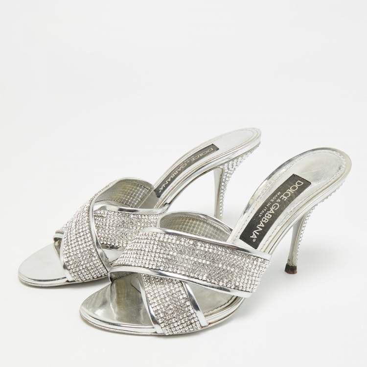Pre Owned Dolce & Gabbana Size 38 Silver Crystals and Leather Criss-Cross Slide Sandals