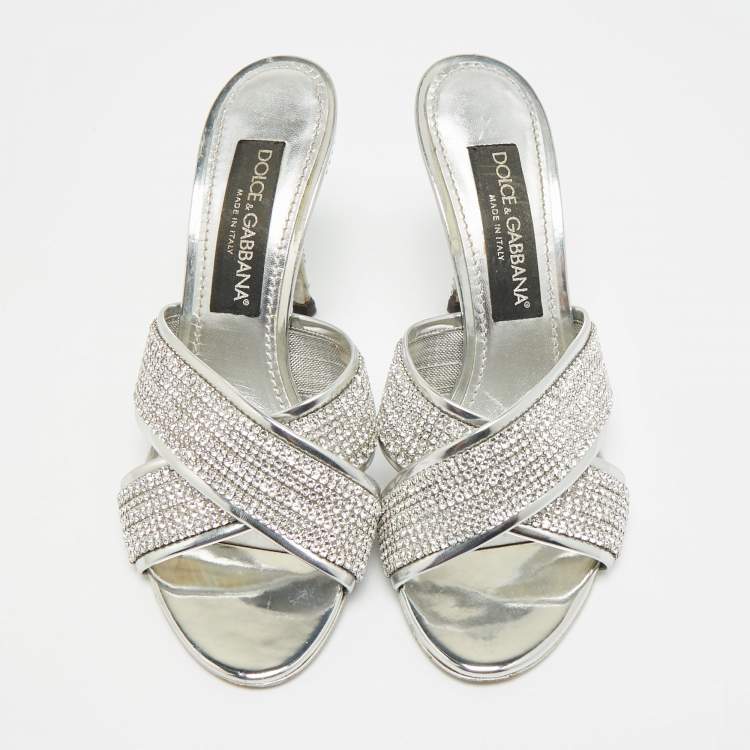 Pre Owned Dolce & Gabbana Size 38 Silver Crystals and Leather Criss-Cross Slide Sandals