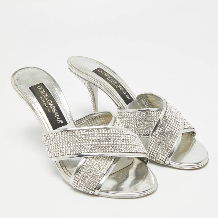 Pre Owned Dolce & Gabbana Size 38 Silver Crystals and Leather Criss-Cross Slide Sandals