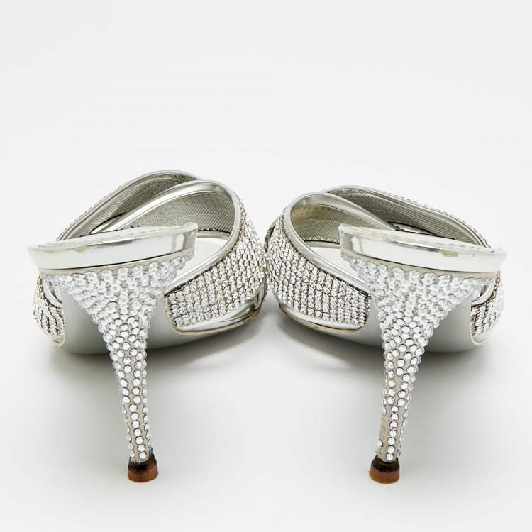Pre Owned Dolce & Gabbana Size 38 Silver Crystals and Leather Criss-Cross Slide Sandals