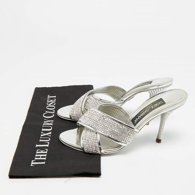Pre Owned Dolce & Gabbana Size 38 Silver Crystals and Leather Criss-Cross Slide Sandals
