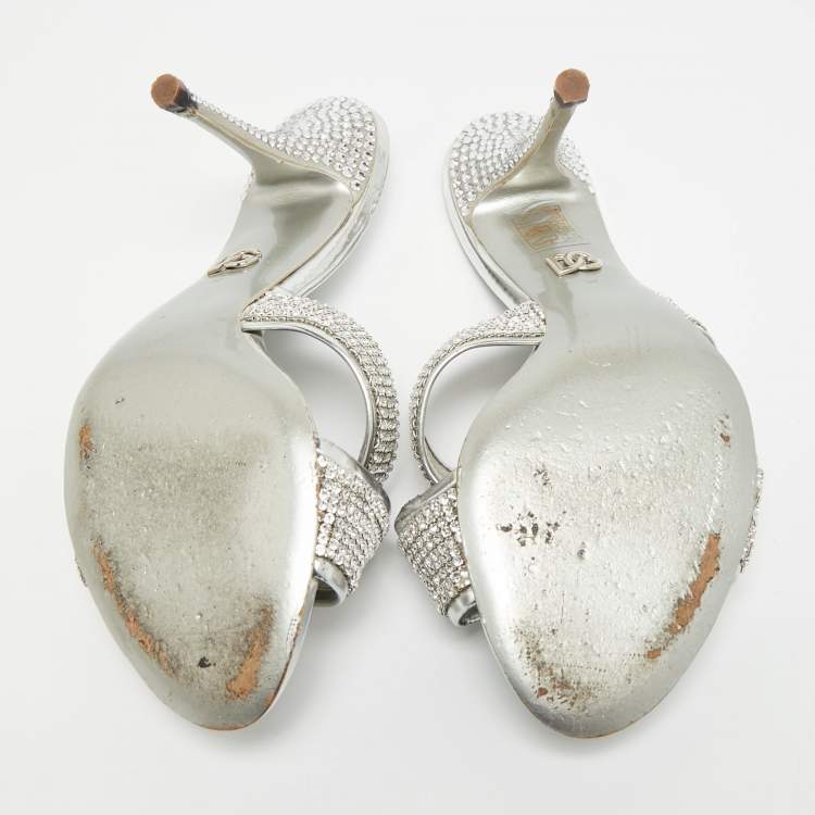 Pre Owned Dolce & Gabbana Size 38 Silver Crystals and Leather Criss-Cross Slide Sandals