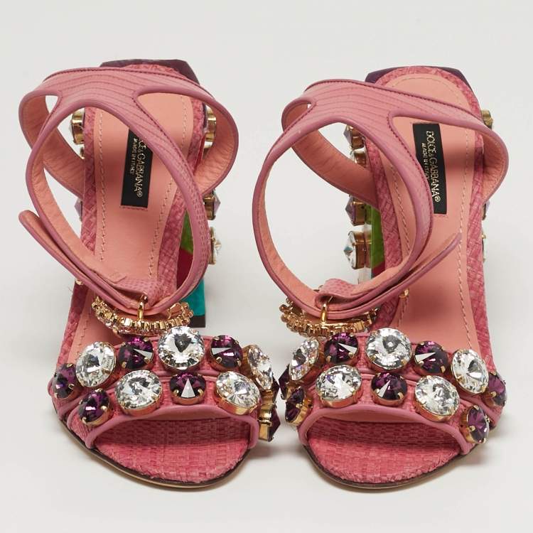 Pre Owned Dolce & Gabbana Size 35 Pink Lizard Embossed Leather Ankle Strap Sandals