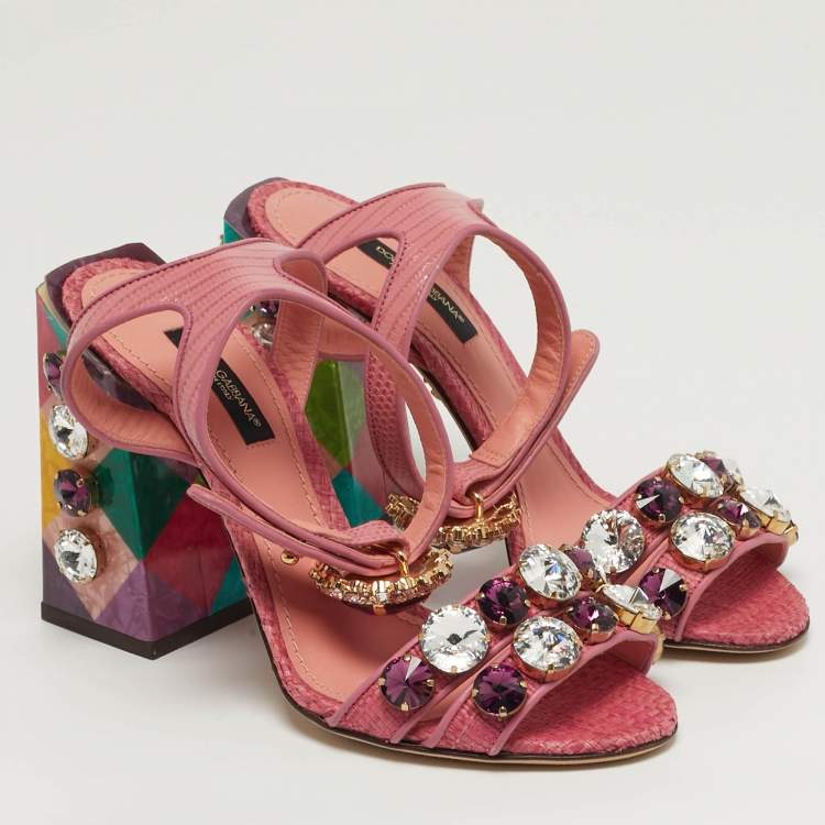Pre Owned Dolce & Gabbana Size 35 Pink Lizard Embossed Leather Ankle Strap Sandals