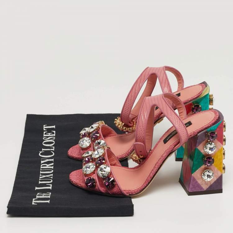 Pre Owned Dolce & Gabbana Size 35 Pink Lizard Embossed Leather Ankle Strap Sandals