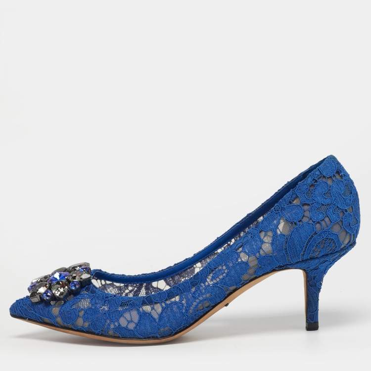Pre Owned Dolce & Gabbana Size 38.5 Blue Lace and Mesh Bellucci Pumps