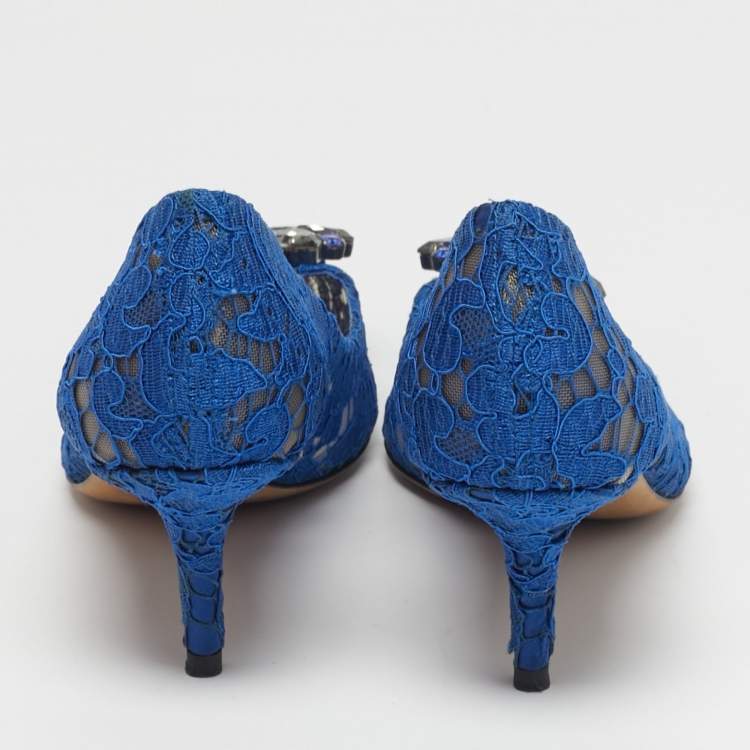 Pre Owned Dolce & Gabbana Size 38.5 Blue Lace and Mesh Bellucci Pumps