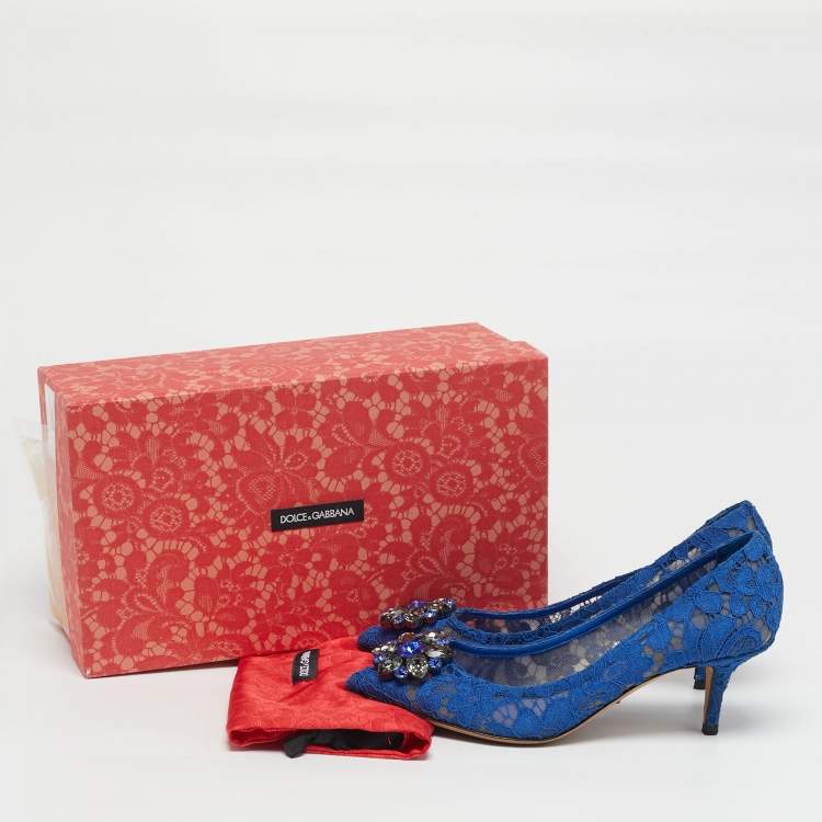 Pre Owned Dolce & Gabbana Size 38.5 Blue Lace and Mesh Bellucci Pumps