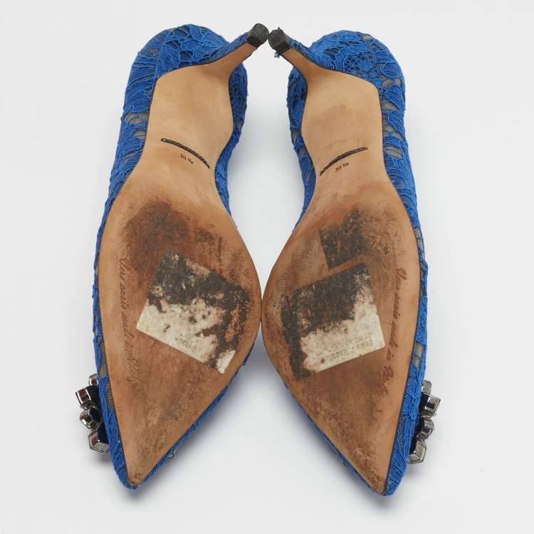 Pre Owned Dolce & Gabbana Size 38.5 Blue Lace and Mesh Bellucci Pumps