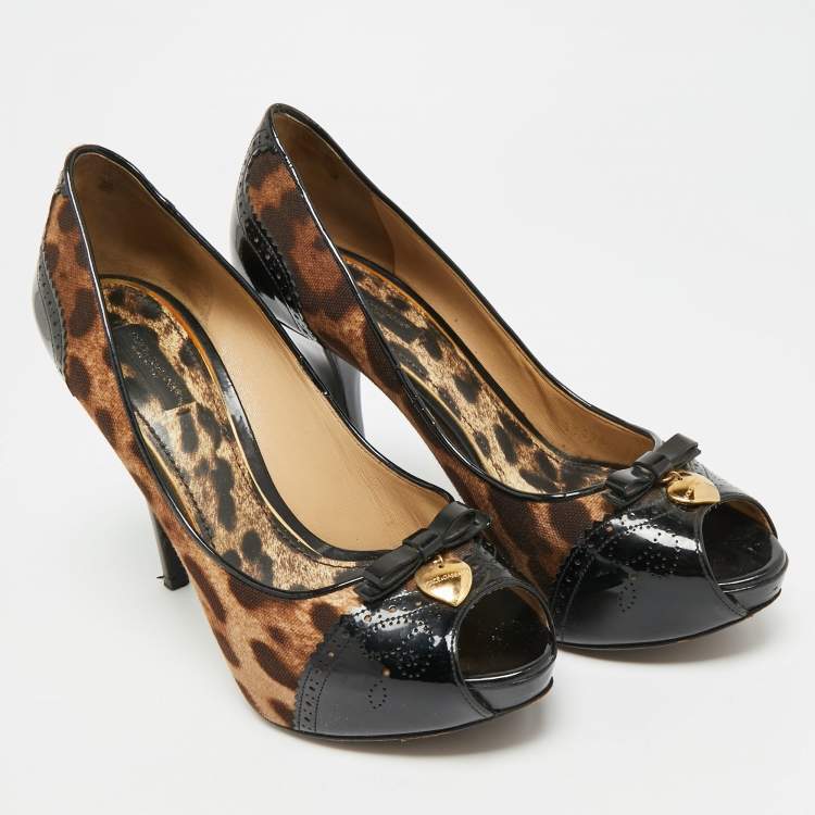 Pre Owned Dolce & Gabbana Size 39 Brown/Black Leopard Print Canvas and Patent Leather Peep Toe Pumps