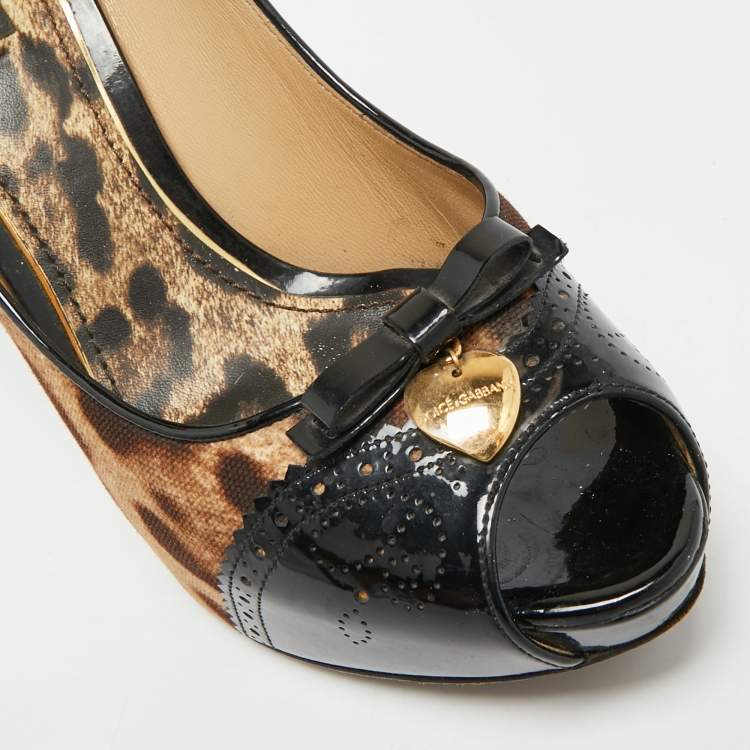 Pre Owned Dolce & Gabbana Size 39 Brown/Black Leopard Print Canvas and Patent Leather Peep Toe Pumps