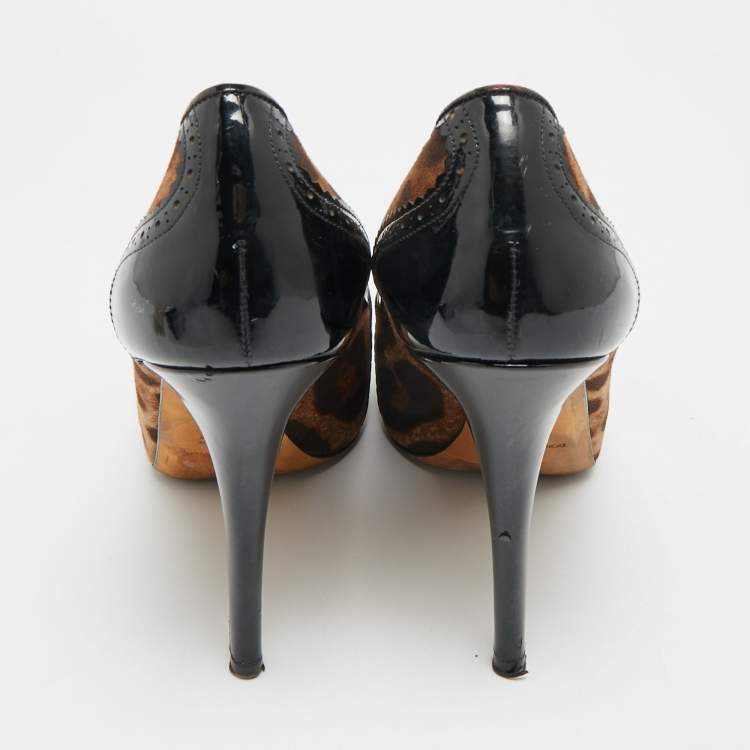 Pre Owned Dolce & Gabbana Size 39 Brown/Black Leopard Print Canvas and Patent Leather Peep Toe Pumps