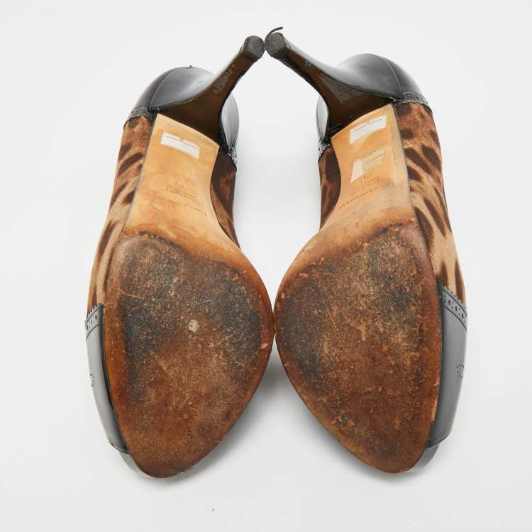 Pre Owned Dolce & Gabbana Size 39 Brown/Black Leopard Print Canvas and Patent Leather Peep Toe Pumps