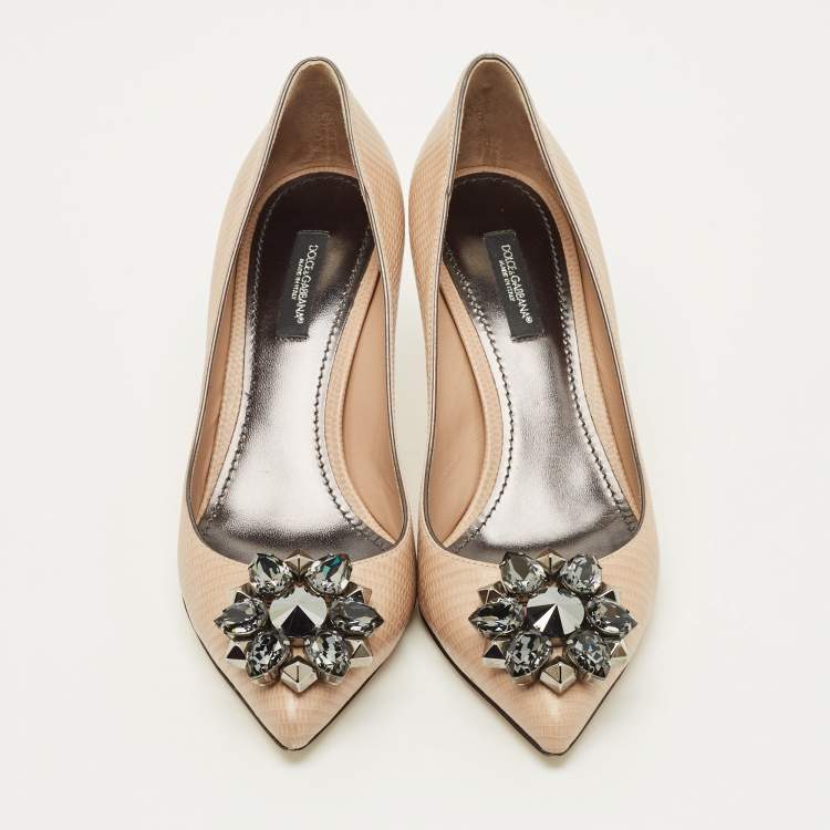 Pre Owned Dolce & Gabbana Bellucci Size 37 Beige Lizard Embossed Leather Pumps