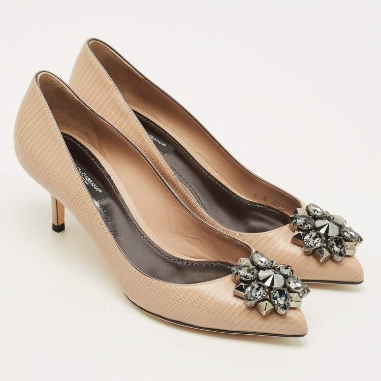 Pre Owned Dolce & Gabbana Bellucci Size 37 Beige Lizard Embossed Leather Pumps