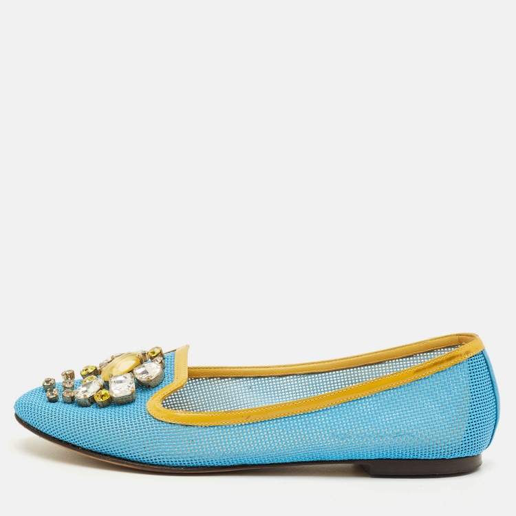 Pre Owned Dolce & Gabbana Size 37 Blue/Yellow Patent Leather and Woven Leather Ballet Flats
