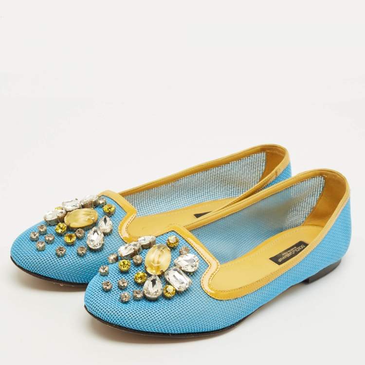 Pre Owned Dolce & Gabbana Size 37 Blue/Yellow Patent Leather and Woven Leather Ballet Flats