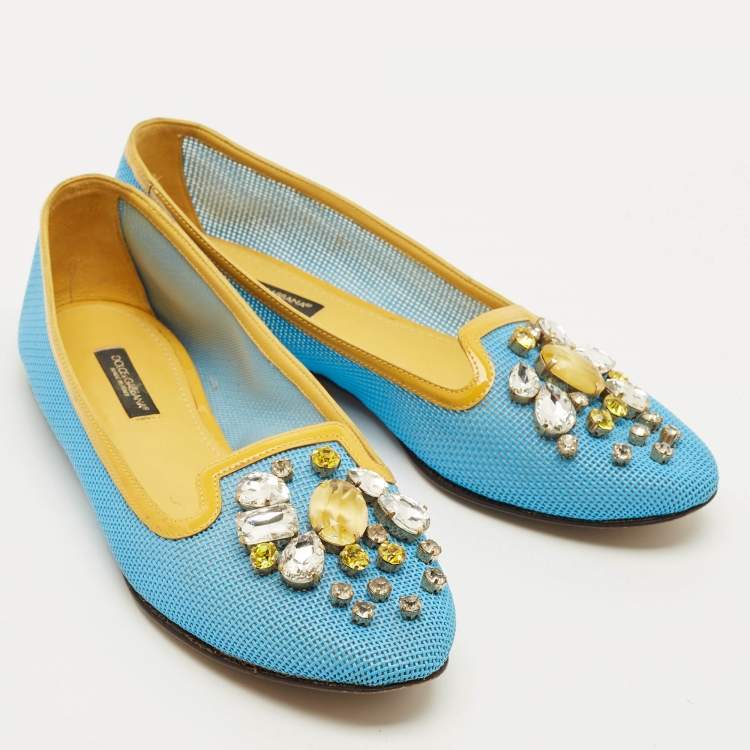 Pre Owned Dolce & Gabbana Size 37 Blue/Yellow Patent Leather and Woven Leather Ballet Flats