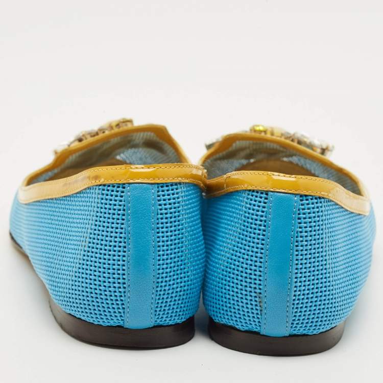 Pre Owned Dolce & Gabbana Size 37 Blue/Yellow Patent Leather and Woven Leather Ballet Flats