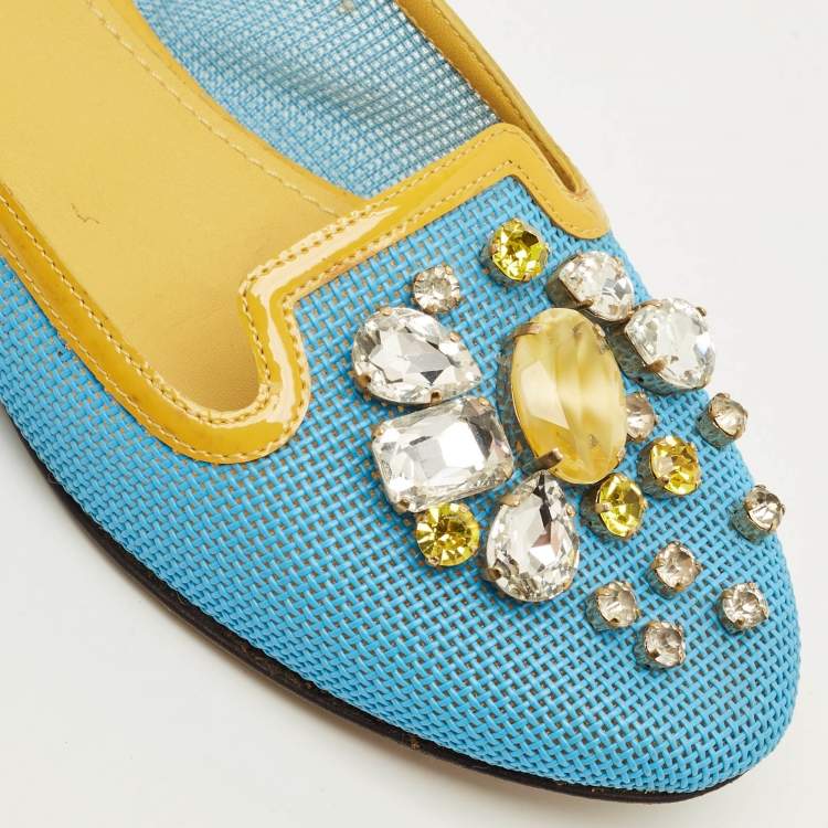 Pre Owned Dolce & Gabbana Size 37 Blue/Yellow Patent Leather and Woven Leather Ballet Flats