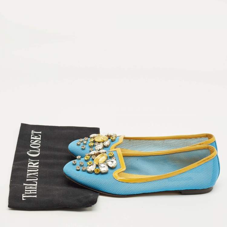 Pre Owned Dolce & Gabbana Size 37 Blue/Yellow Patent Leather and Woven Leather Ballet Flats