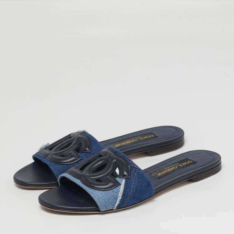 مملوكة مسبقًا Dolce & Gabbana DG Logo Size 39 Two Tone Denim and Leather Flat Slide
