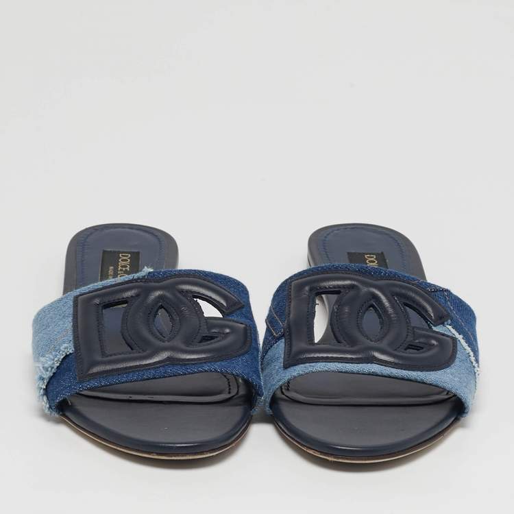 مملوكة مسبقًا Dolce & Gabbana DG Logo Size 39 Two Tone Denim and Leather Flat Slide