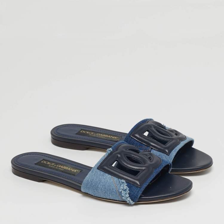 مملوكة مسبقًا Dolce & Gabbana DG Logo Size 39 Two Tone Denim and Leather Flat Slide